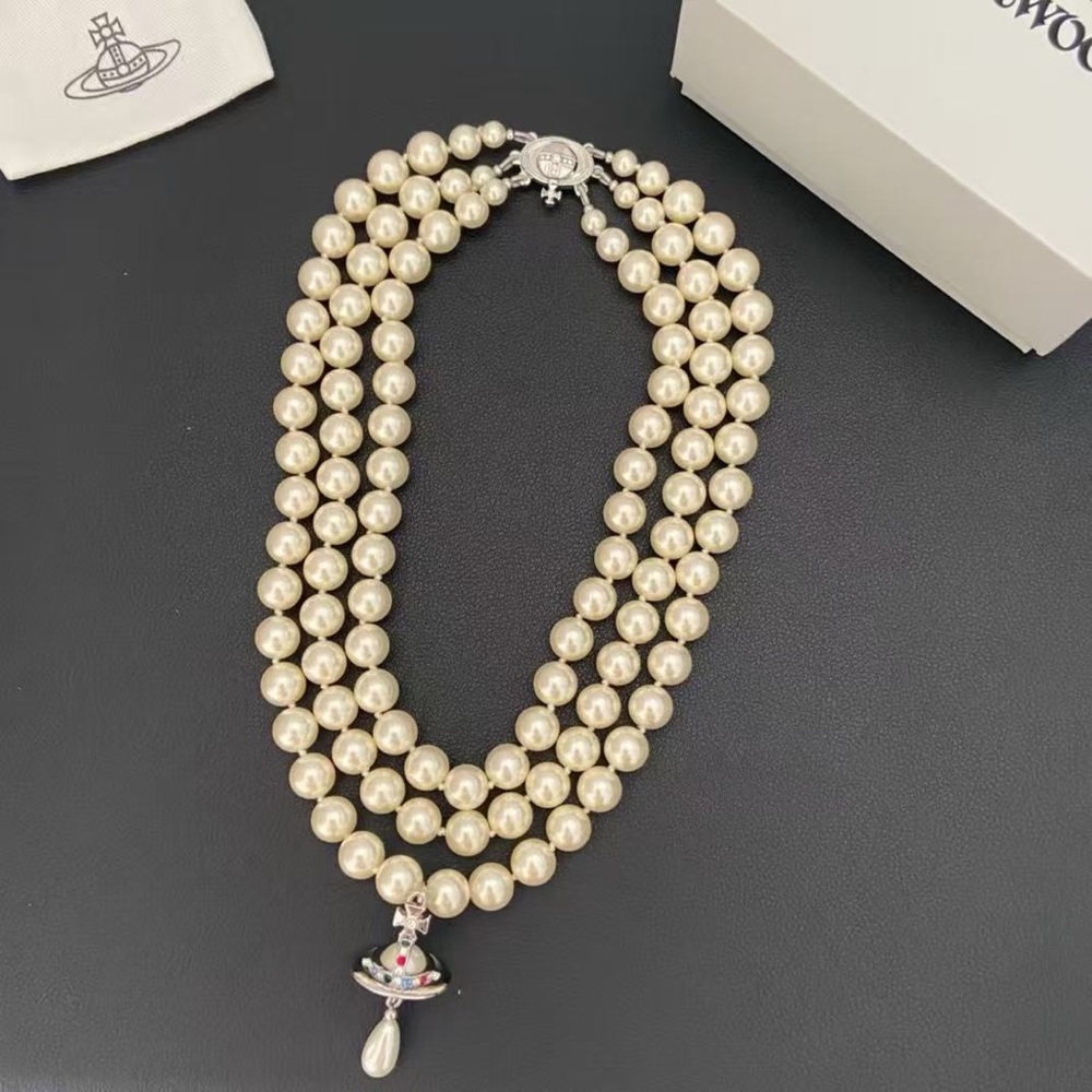 Vivienne Westwood Cream Triple-Strand Pearl Necklace with Orb Pendant